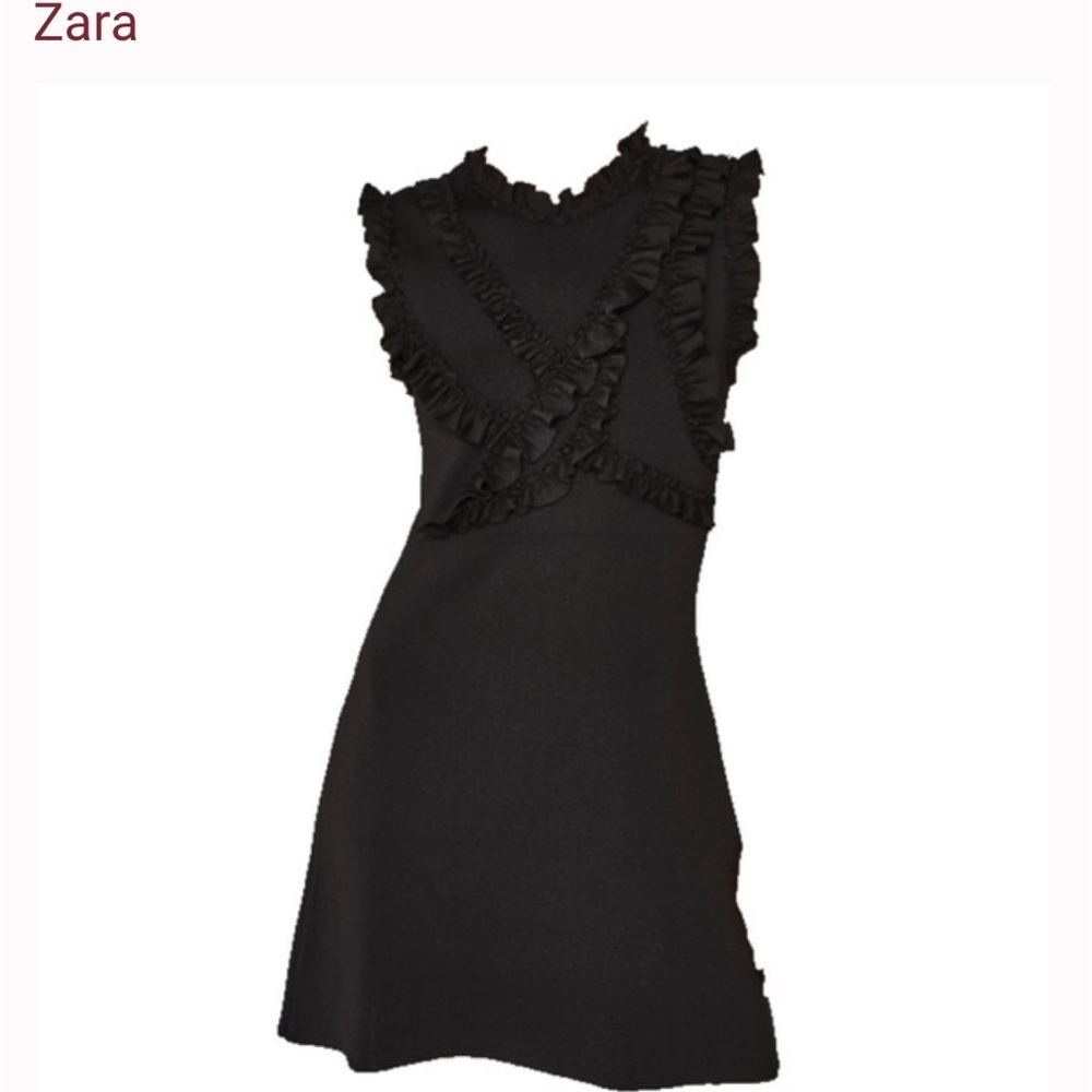 Zara black a-line knit dress with ruffle trim & decor on top front. Slight flare - Picture 2 of 14